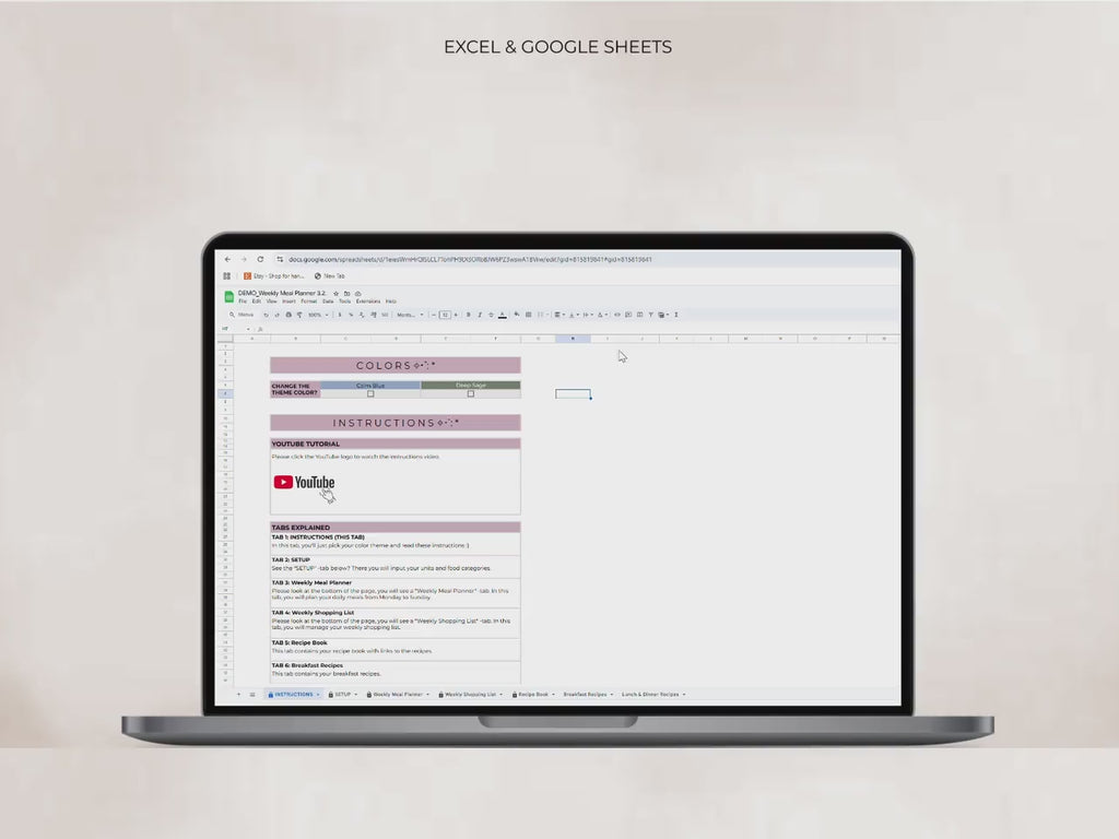Weekly Meal & Grocery Planner Spreadsheet (Excel + Google Sheets) | Editable, Instant Download