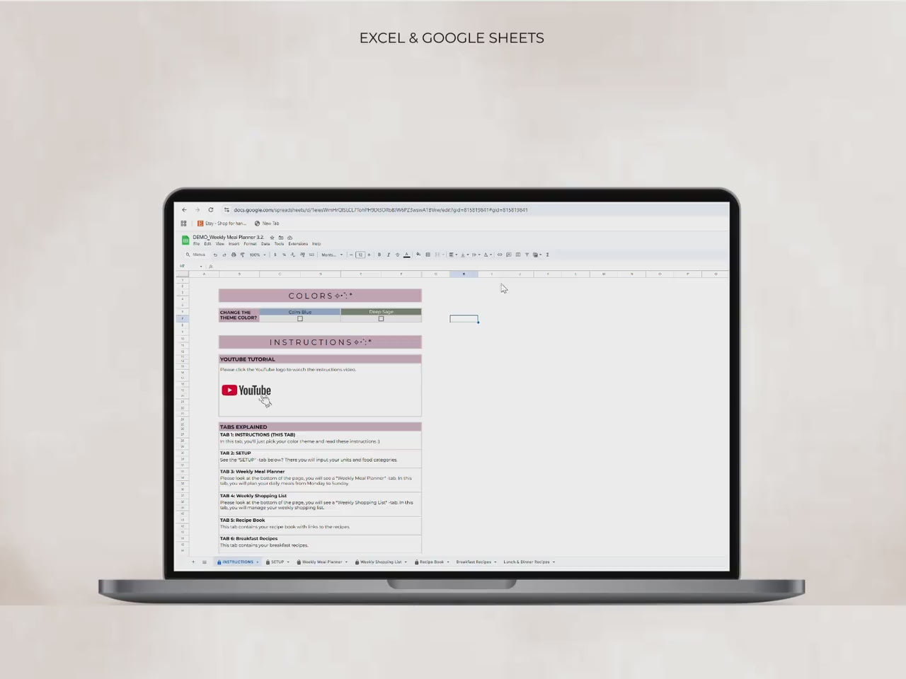 Weekly Meal & Grocery Planner Spreadsheet (Excel + Google Sheets) | Editable, Instant Download